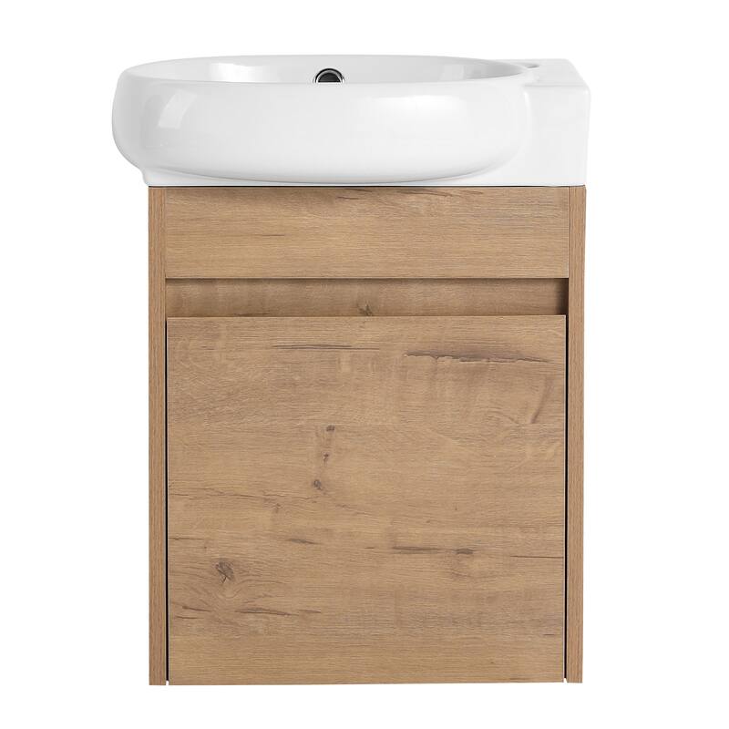 Wall Mounted Bathroom Vanity with Ceramic Sink, Soft-Close Door Hinges, Black Chestnut Finish for Small Spaces