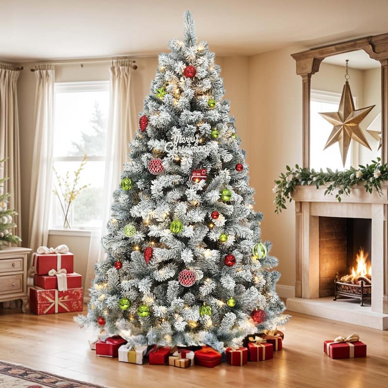 6 /7.5 /9 ft Prelit Snow Flocked Christmas Tree with Remote, 11 Light Modes & Foldable Base
