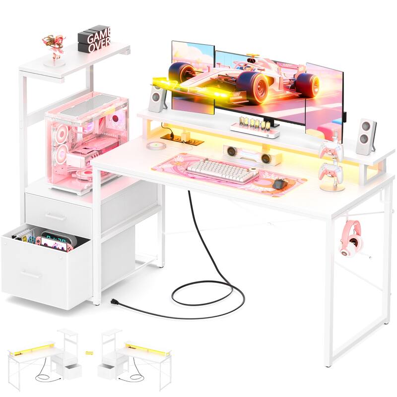 60'' Reversible Gaming Desk with Monitor Stand & Fabric Drawers，Home Office Computer Desk with RGB LED Strip & Power Outlets