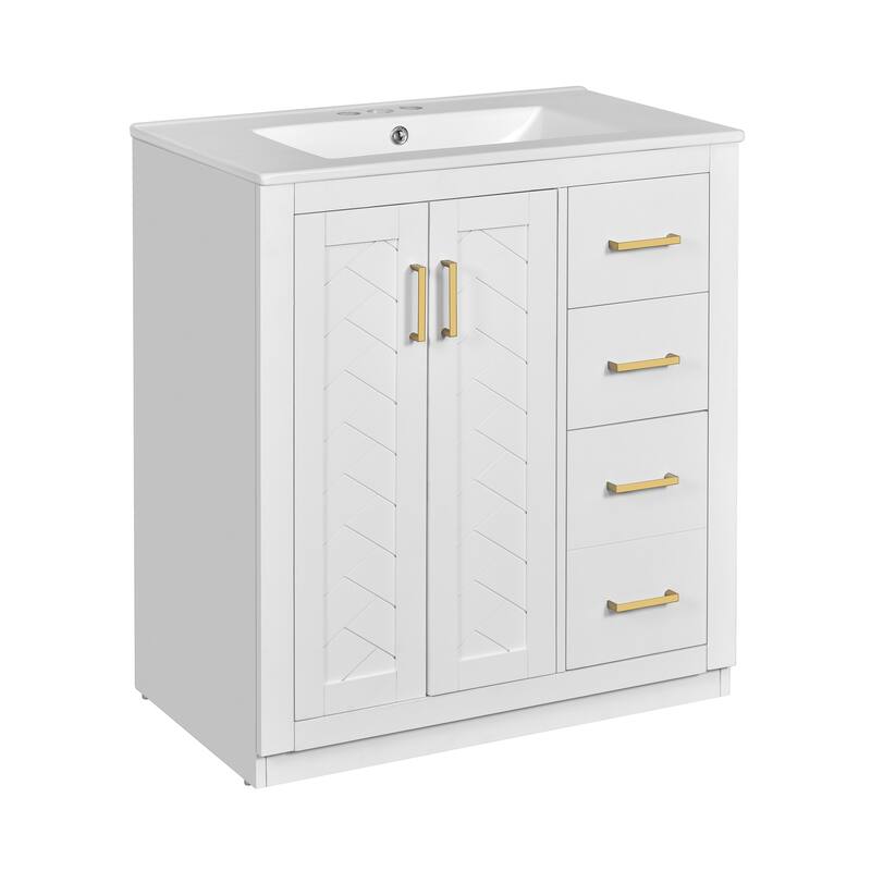 Bathroom Vanity with Ceramic Sink, Vanity Set with 3 Drawers and Doors, Bathroom Storage Cabinet with Solid Wood Frame