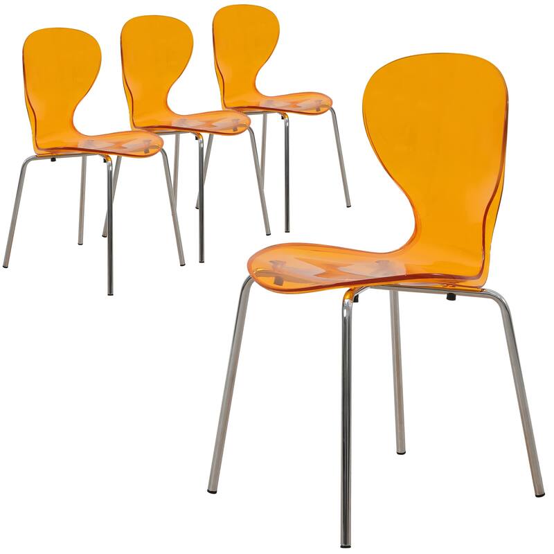 Stackable Plastic Dining Chair with Chrome Legs Set of 4 Transparent Accent Side Chair for Indoor and Outdoor - Transparent Orange