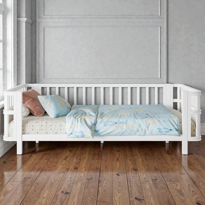 Kids Metal and Wood Platform Bed with Safety Rails, Low Profile Twin Full Children Bed for Boys and Girls