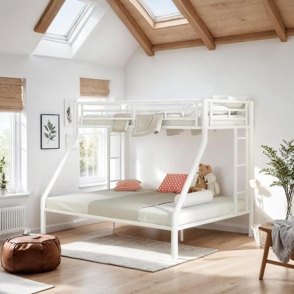 slide 2 of 11, Full XL over Queen Metal Bunk Bed with Ladder and Guardrails, White White