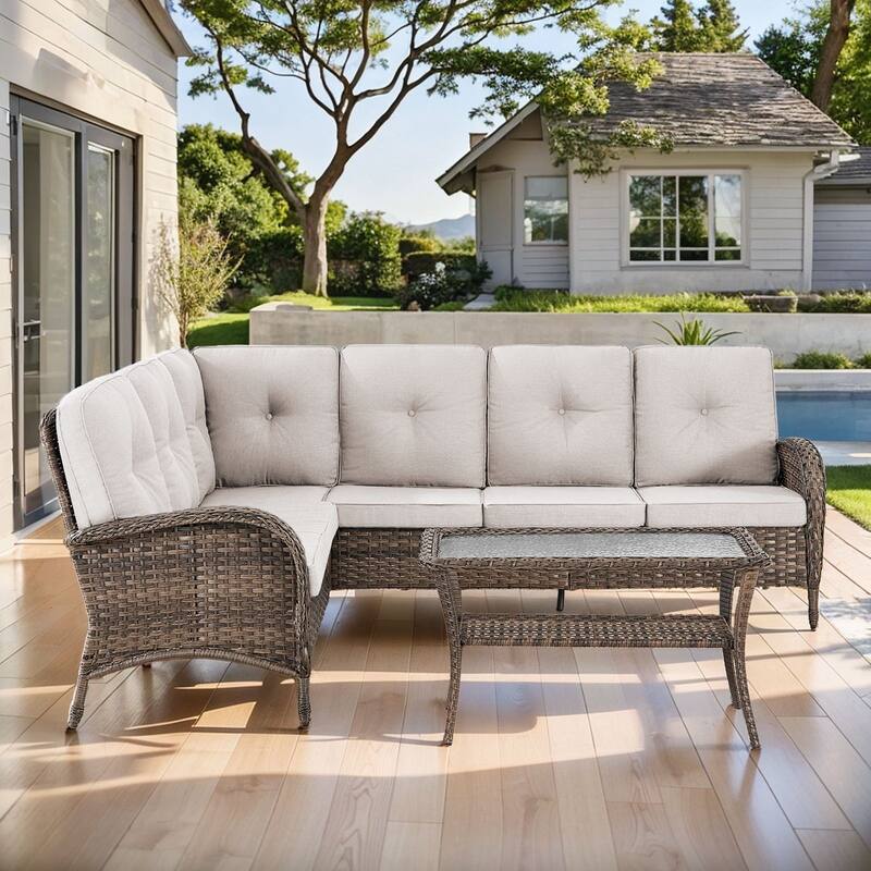 Gymojoy L-Shaped Outdoor Sectional Sofa Set, PE Wicker Couch with Water-Resistant Olefin Cushions - 2-Piece - Beige