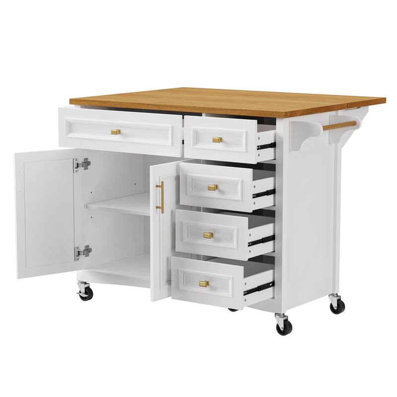 Haloi MDF Rolling Kitchen Island with Drop Leaf and 5 Drawers(52-in x30-in x36-in)