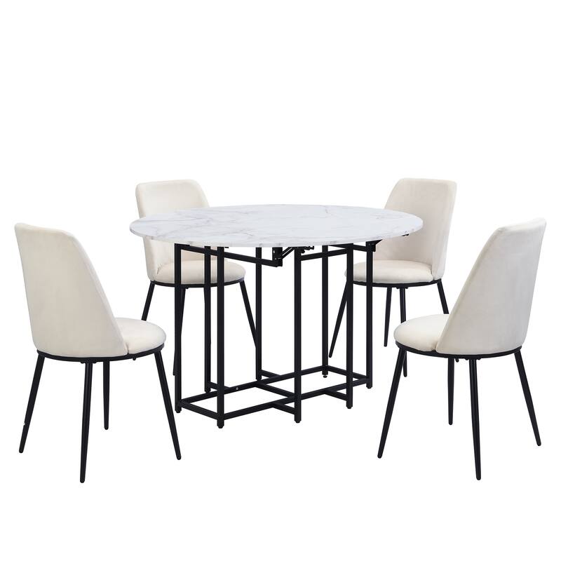 5-Piece Extendable Kitchen Dining Table Set- Round Faux Marble Top, 4 Upholstered Chairs, Compact Foldable Design