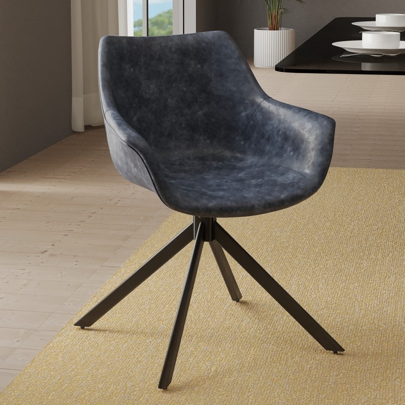 Markley Modern Swivel Dining Chair with Distressed Leather Upholstery, Ergonomic Back, and Black Metal Legs for Home or Office