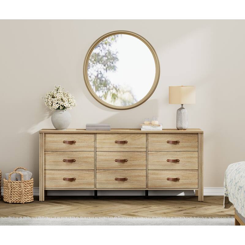 WAMPAT White Dresser for Bedroom, Large Long Dresser with Fabric Drawers, Kids Dressers & Chest of Drawers, - Oak - 9-drawer