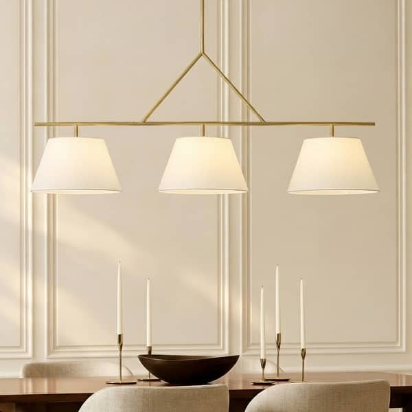 slide 2 of 11, 61 in. 3-Light Transitional Brushed Gold Linear Chandelier with White Fabric Shades - 61.0 in. W x 15.7 in. D x 25.2 in. H 61.0 in. W x 15.7 in. D x 25.2 in. H - Painted Gold