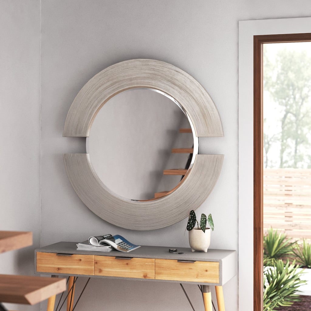 Allan Andrews Round Warm Silver Wall Mirror with Partial Brown Wood Frame - 38"