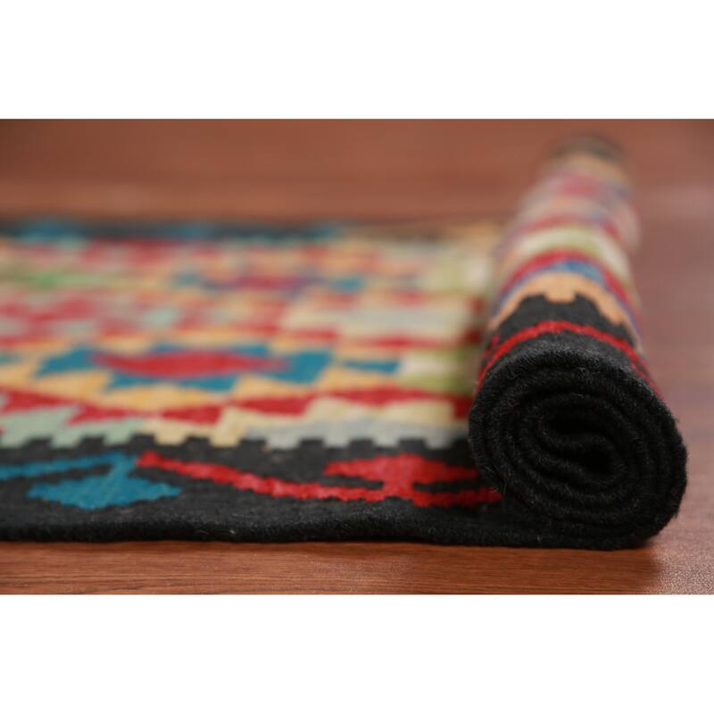 Hand Woven Oriental 100% Wool Carpet Southwestern Geometric Multi-Colored Kilim Runner Rug - 12' 9'' X 2' 9''