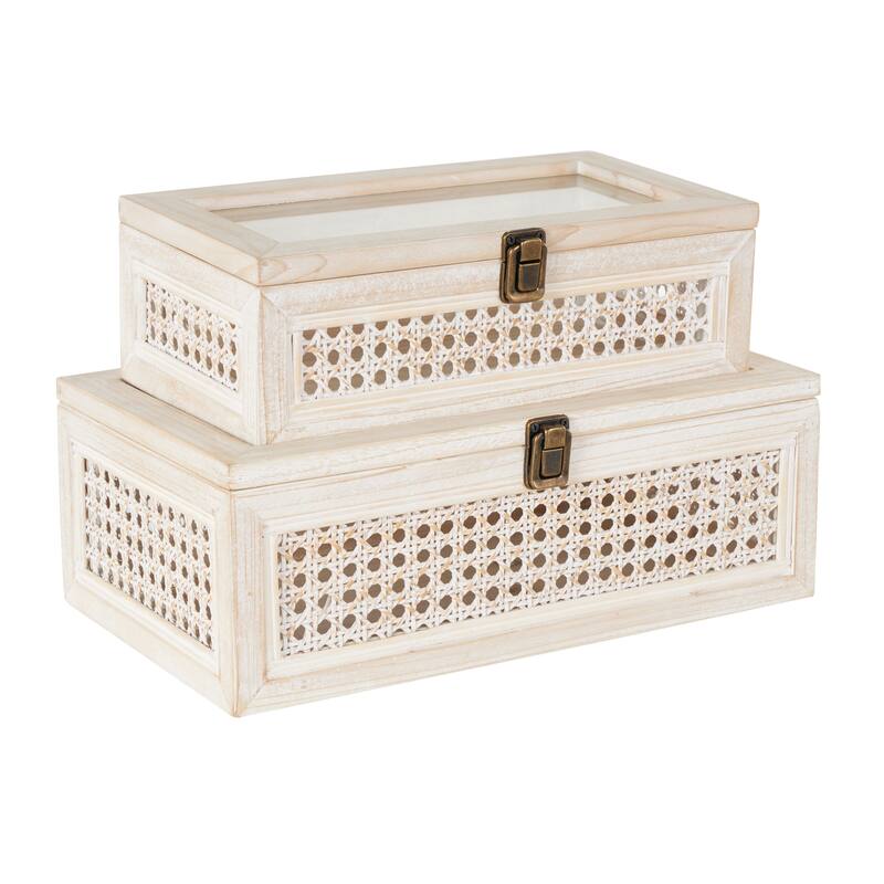 Metal Handmade Woven Storage Box with Bronze Latches and Tempered Glass Tops - Set of 2 Cream - Roche River Decor