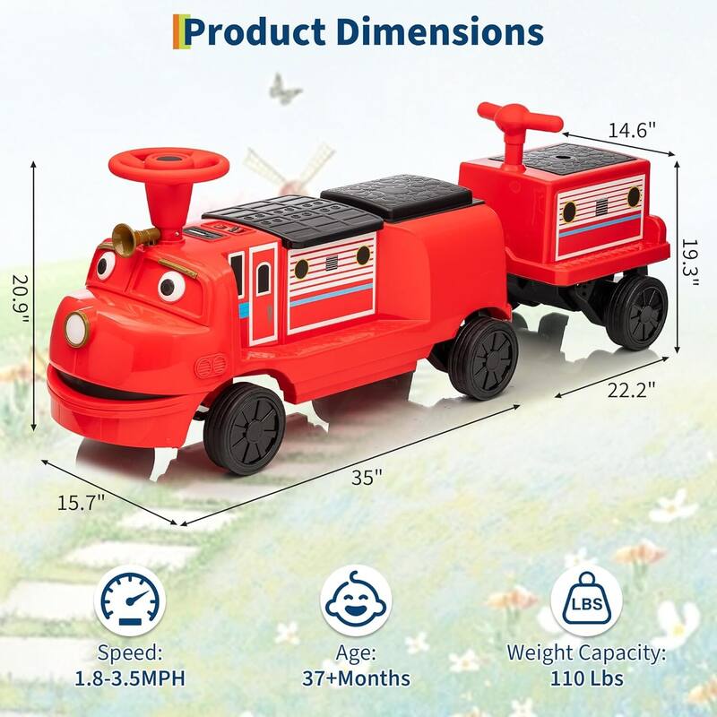 12V Kids Ride On Toy Car, 3-Seater Ride On Train Trackless