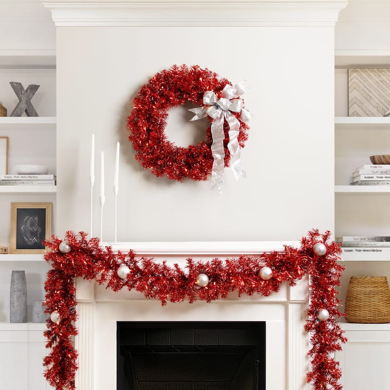 Pre-Lit Tinsel Artificial Christmas Wreath - 24" - Red - Clear Lights