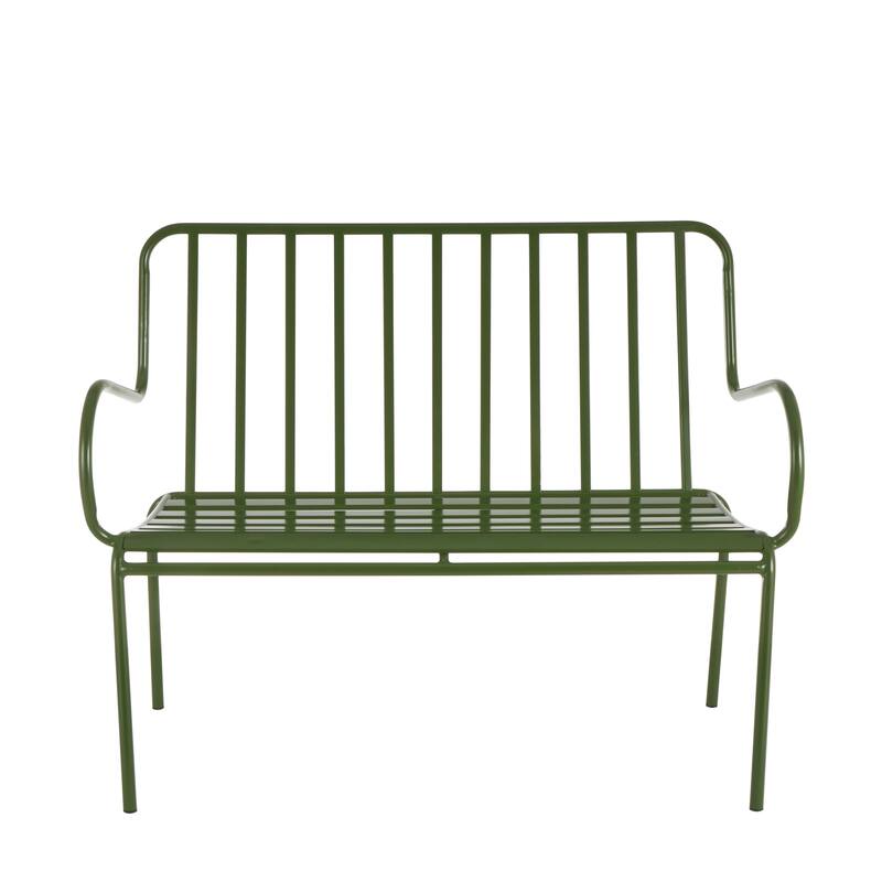 Green Metal Slatted Patio Outdoor Bench with Curved Armrests