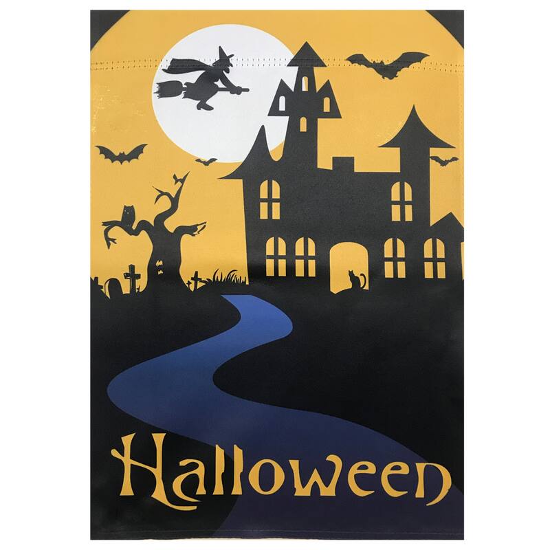 Spooky House Halloween Outdoor Garden Flag with Bats and a Witch 12.5" x 18"