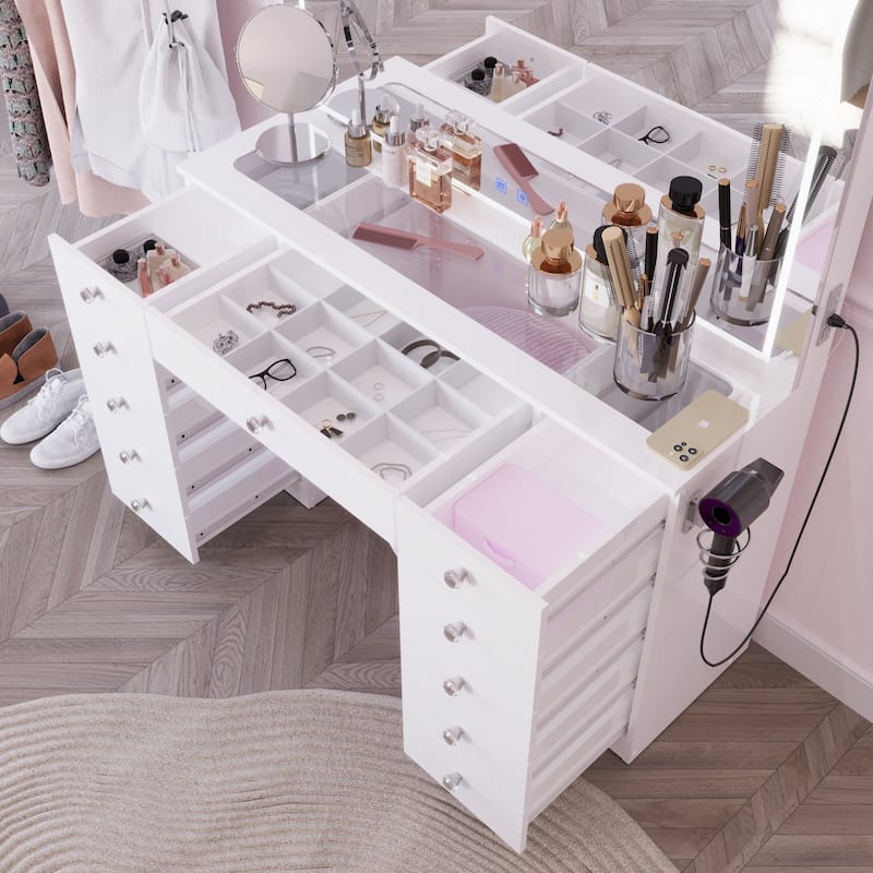 Boahaus Premium Makeup Vanity Desk Full-Width LED Mirror, Bluetooth Speakers 11 Drawers
