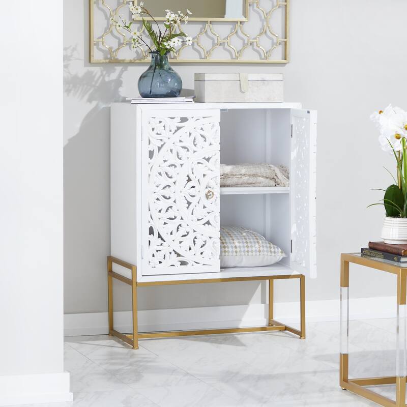 Wood Floral Intricately Carved 1 Shelf and 2 Doors Room Cabinet - White - Roche River Decor