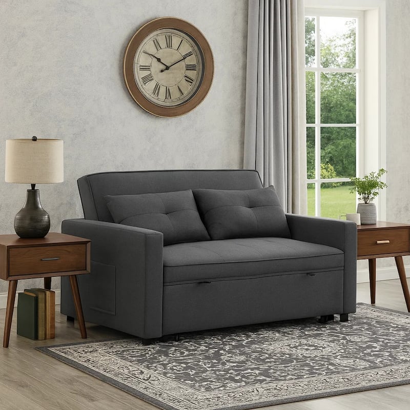 Vito 56 Inch Convertible Sleeper Loveseat with Side Pocket, Dark Gray Linen
