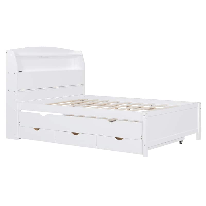 Full Size Wooden LED Platform Bed with Trundle, Storage Headboard Modern Floor Standing Bed Frame with Drawers