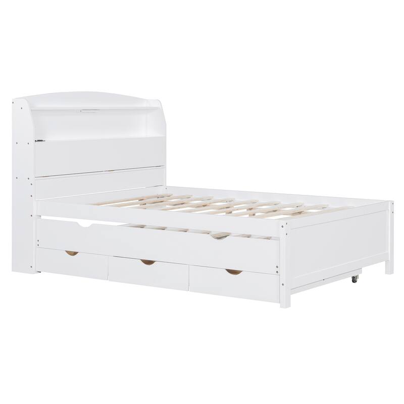 Full Size Wooden LED Platform Bed with Trundle, Storage Headboard and Drawers