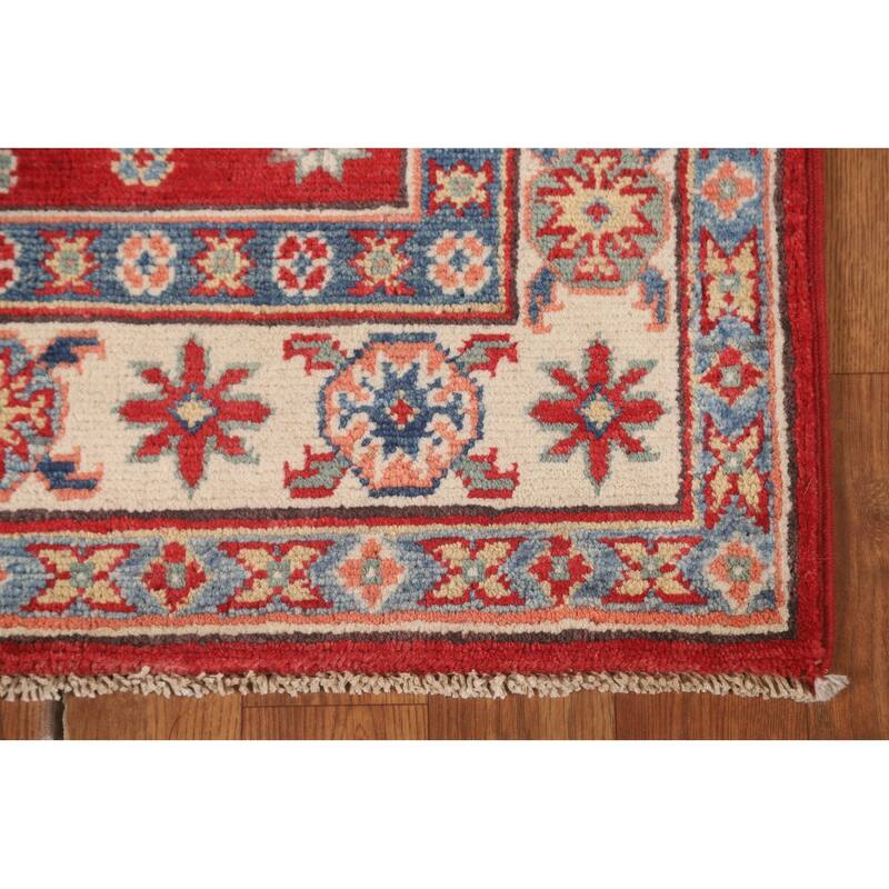 Geometric Red Kazak Runner Rug Hallway Hand-Knotted Wool Carpet - 2'7" x 8'0"