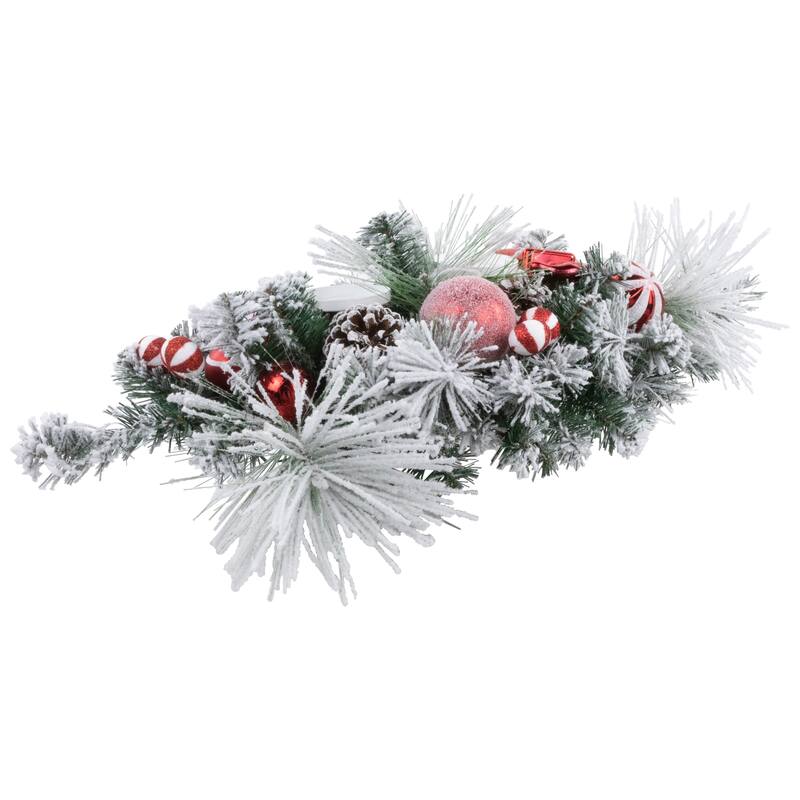 32" Red and White Triple Candle Holder with Flocked Pine and Christmas Ornaments