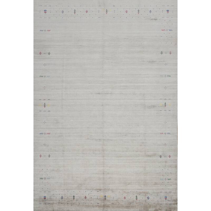 Hand Knotted Oriental Viscose Silk Carpet Tribal Animal Pictorial Greys & Charcoal Gabbeh Area Rug - 11' 10'' X 9' 0''