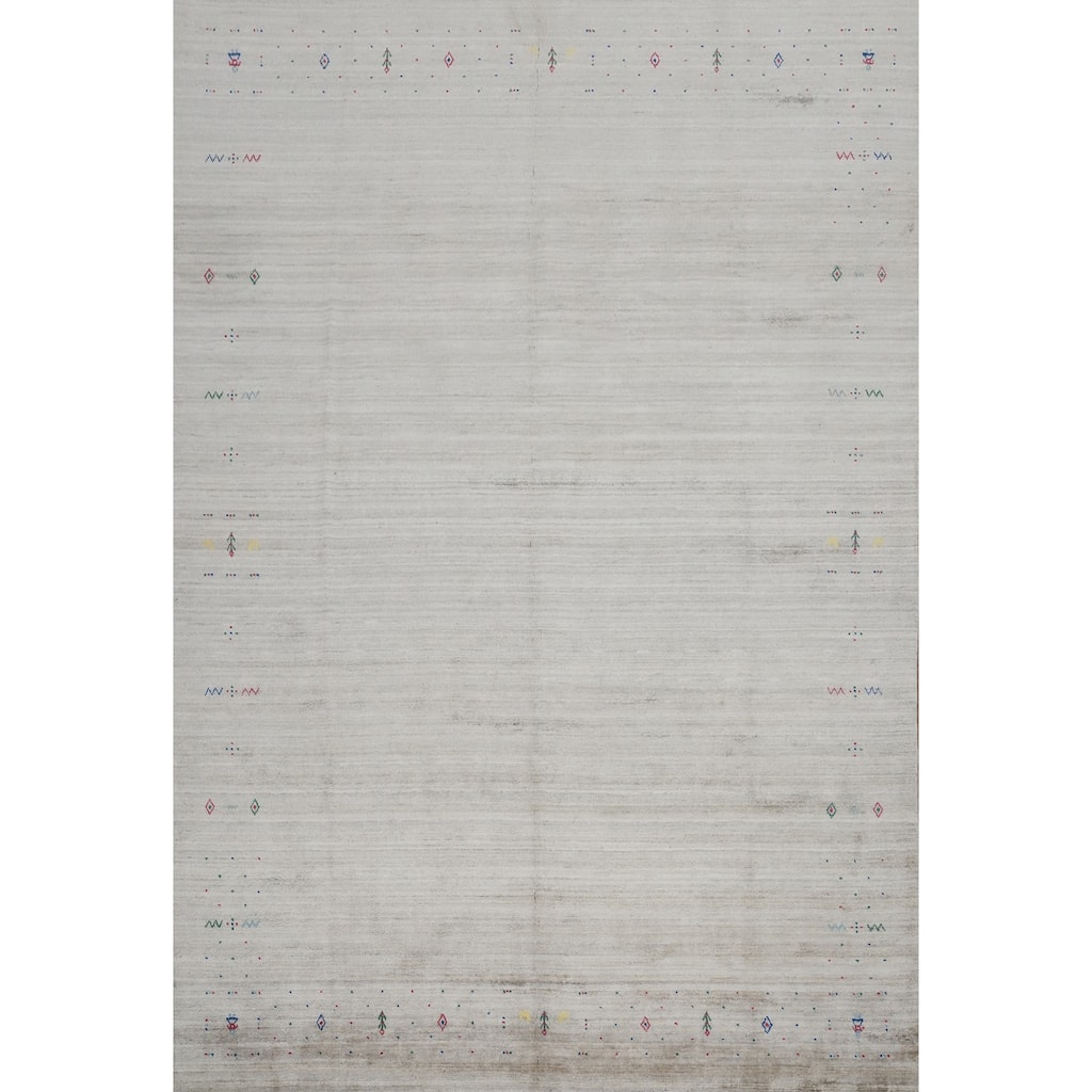 Hand Knotted Oriental Viscose Silk Carpet Tribal Animal Pictorial Greys & Charcoal Gabbeh Area Rug - 11' 10'' X 9' 0''