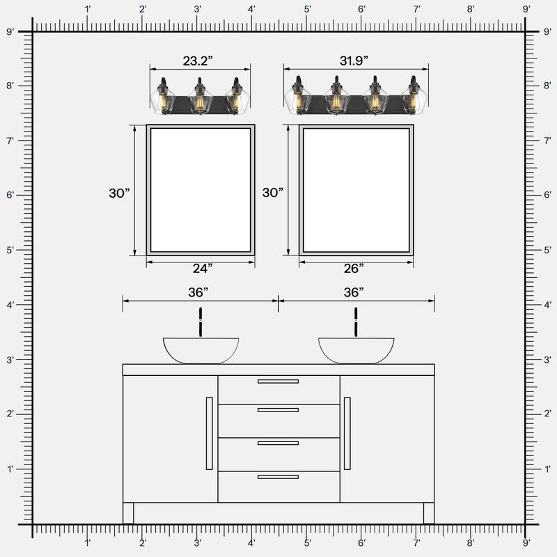 Modern 3/4-Light Bathroom Vanity Light in Black/Gold Finish