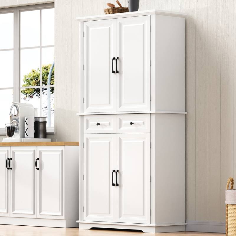 Roomfitters 71" Tall Kitchen Pantry Cabinet with 3 Pull-Out Organizers & 6 Door Shelves - White