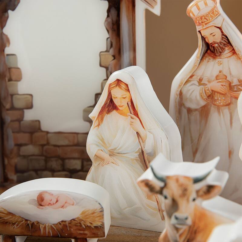 Glitzhome 13 Piece Christmas Wooden & Resin Nativity Figurine Set