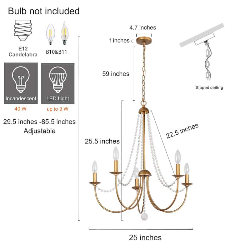 Alisar Mid-century Modern 5-Light Chandelier Swing Arms French Country Wood Beads Pendant Lights for Dining Room