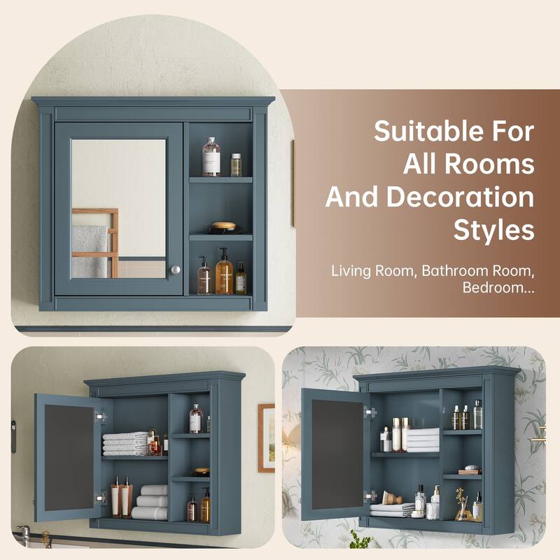 GDFStudio - Trellen Modern Wall-Mounted Bathroom Storage Cabinet with Mirror and 3 Open Shelves (No Bathroom Vanity) - 29.92"W
