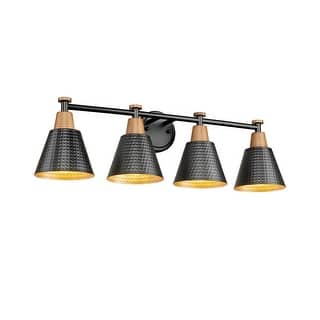 4-Light Bathroom Vanity Lighting With Wood Grain and Black Finish