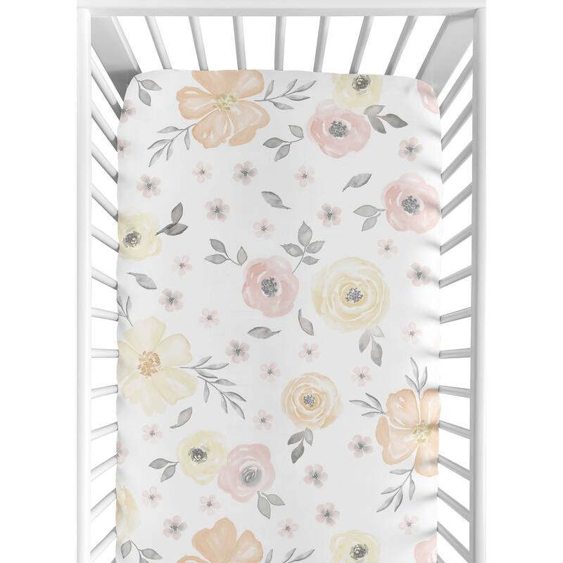 Yellow and Pink Watercolor Floral Baby Girl Fitted Crib Sheet - Blush Peach Grey Shabby Chic Rose Flower Farmhouse