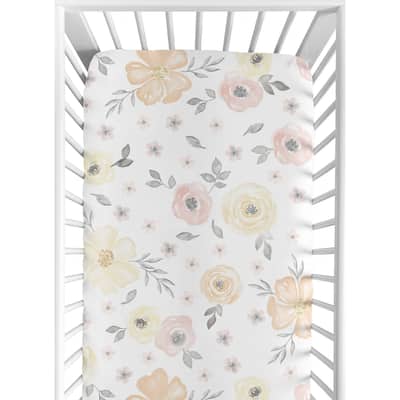 Yellow and Pink Watercolor Floral Baby Girl Fitted Crib Sheet - Blush Peach Grey Shabby Chic Rose Flower Farmhouse