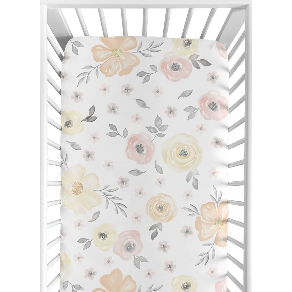 Yellow and Pink Watercolor Floral Baby Girl Fitted Crib Sheet - Blush Peach Grey Shabby Chic Rose Flower Farmhouse