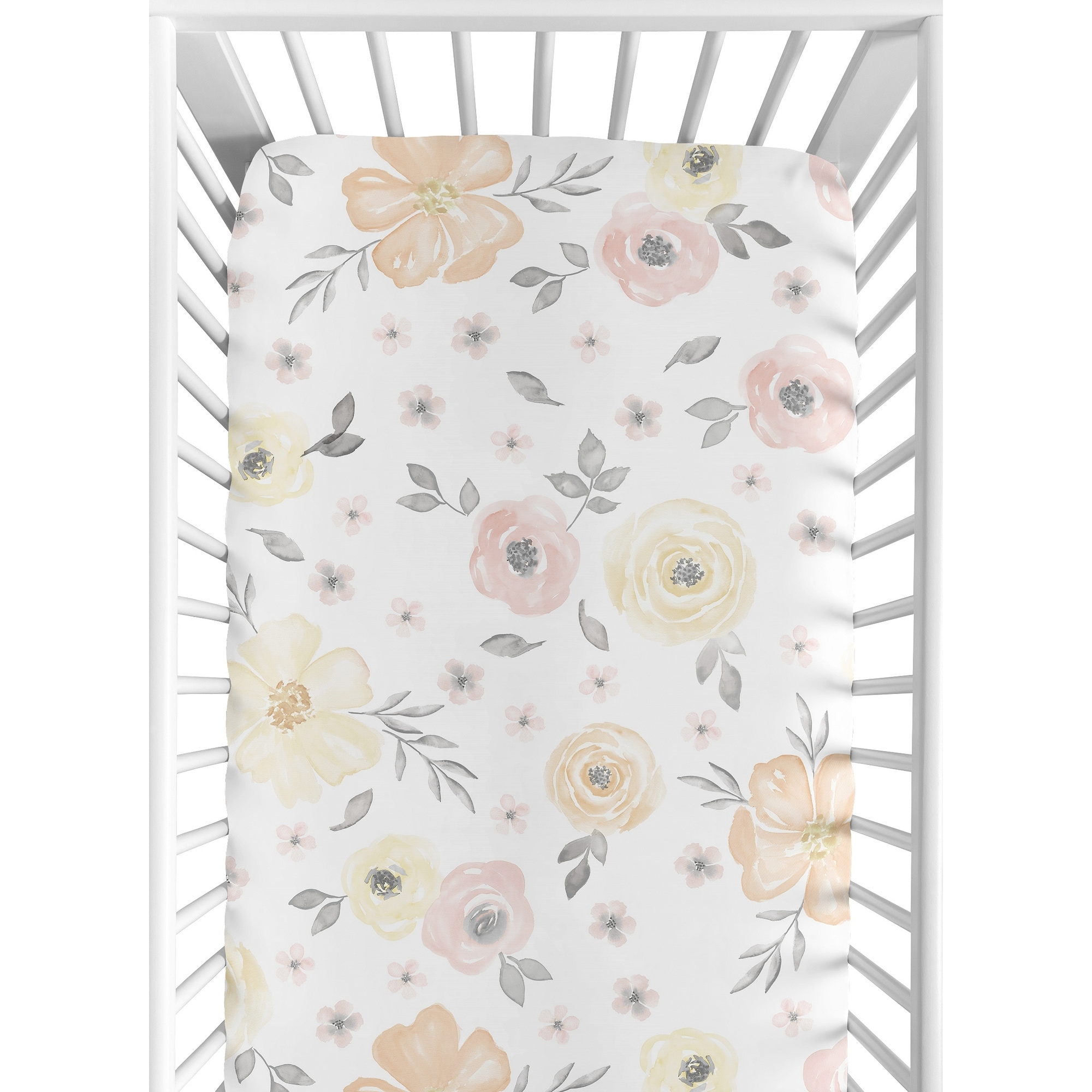 Yellow and Pink Watercolor Floral Baby Girl Fitted Crib Sheet - Blush Peach Grey Shabby Chic Rose Flower Farmhouse
