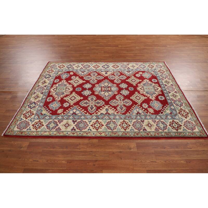 Traditional Kazak Area Rug Hand-Knotted Red Wool Carpet - 4'11" x 6'6"