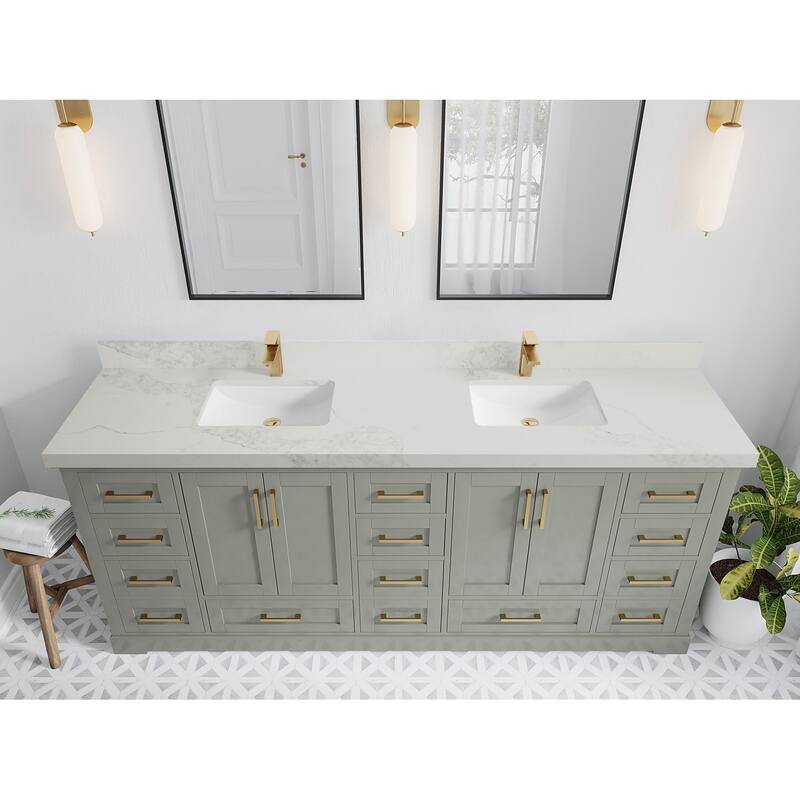 Willow Collection 84 in W x 22 in D x 36 in H Boston Double Bowl Sink Bathroom Vanity with Countertop - 2"Calacatta Nuvo - Evergreen