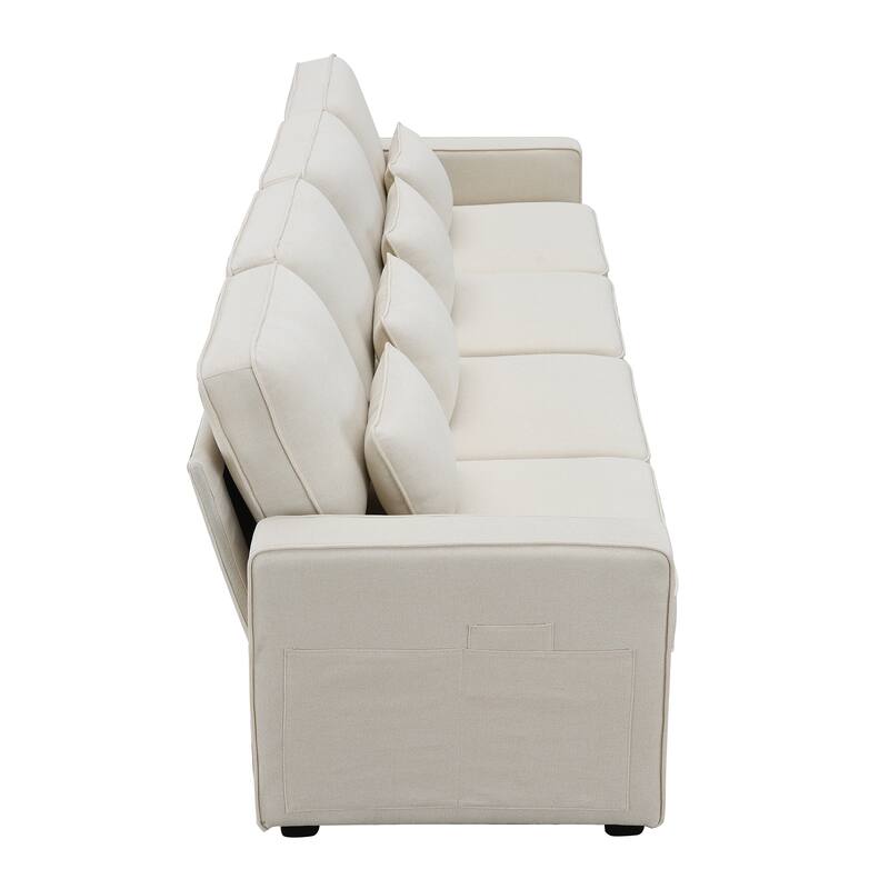 Spacious 4-Seater Linen Sofa with Armrest Storage Pockets, 104" Modern Couch with 4 Pillows for Home or Office