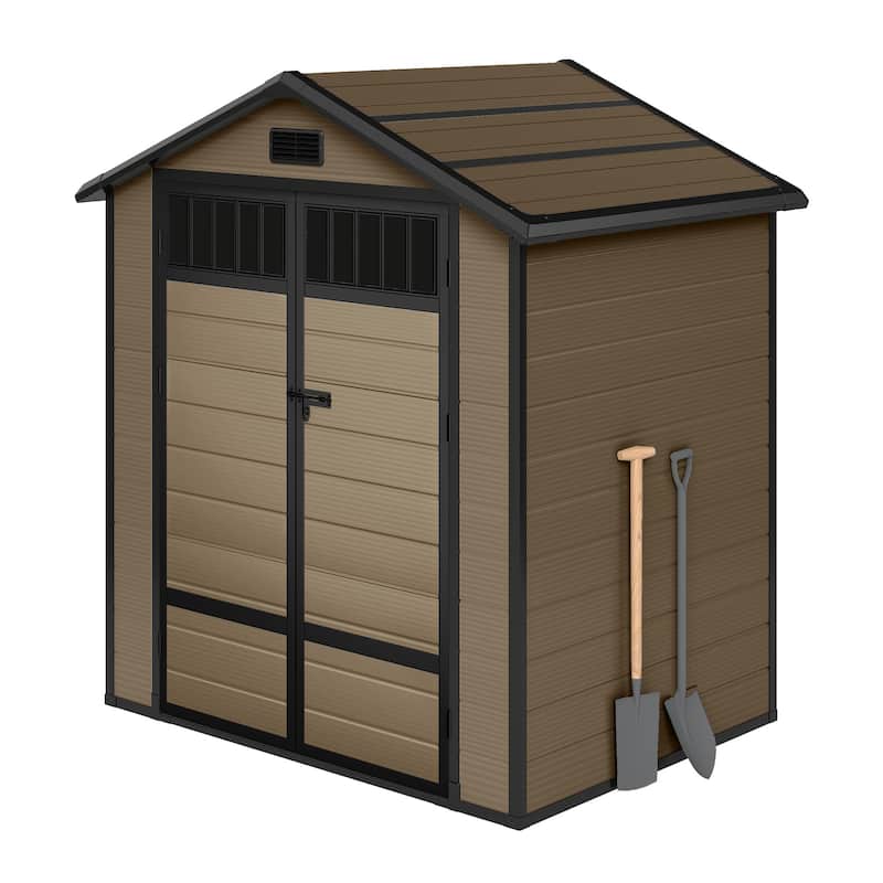 6x4.4 FT Resin Storage Shed with Fence-Style and Side Windows - 6' X 4.4' - Brown