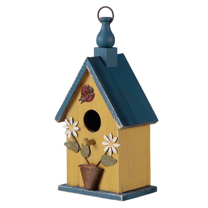 Glitzhome 10"H Multicolor Cute Distressed Solid Wood Birdhouse with 3D Flowers - Yellow/Blue