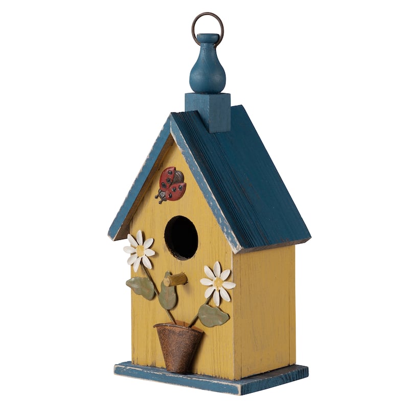 Glitzhome 12.25"H Washed Yellow Distressed Solid Wood Cottage Garden Birdhouse with Bees and Flowers