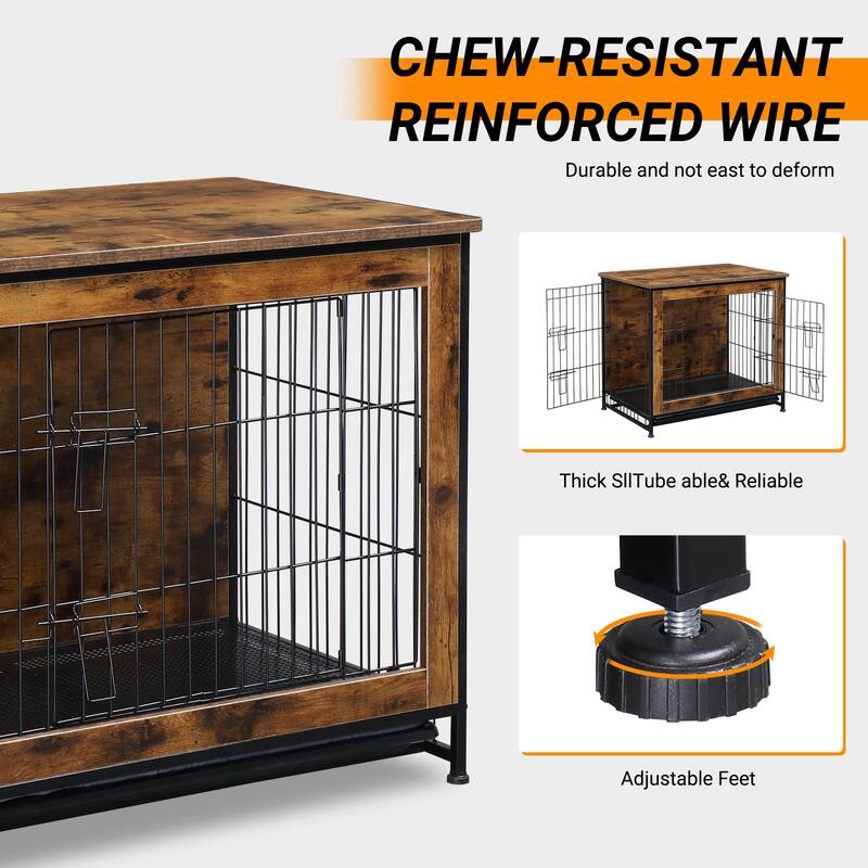 Rustic Brown Wooden Double Doors Dog Crate with Cushion and Adjustable Feet