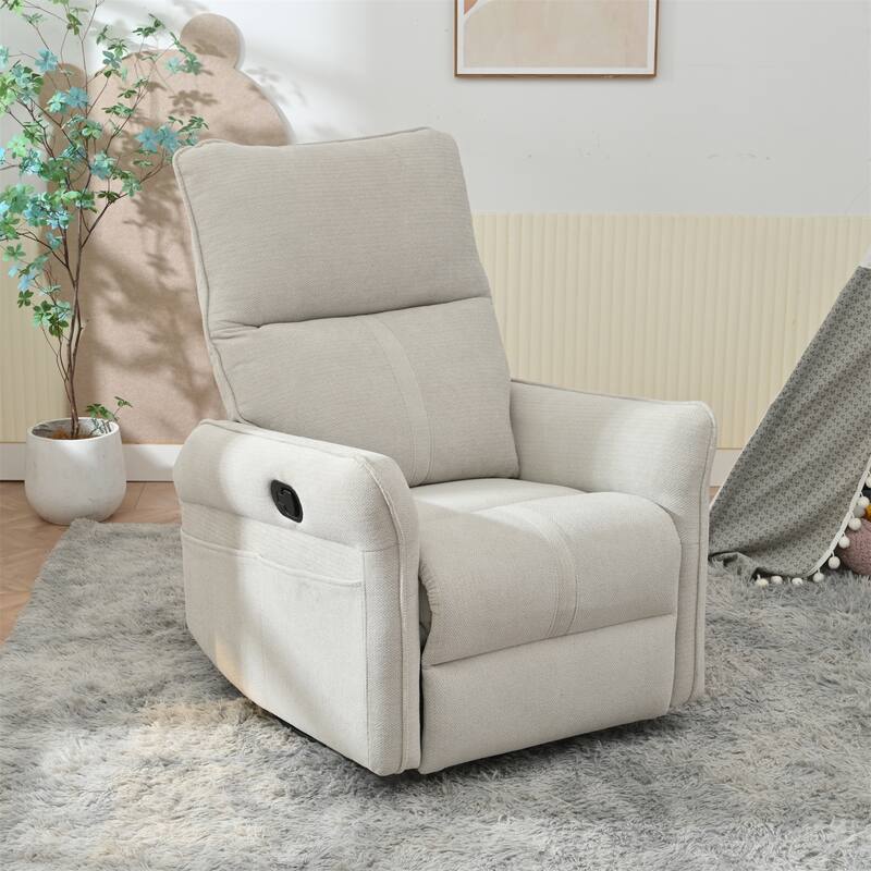 360° Swivel Rocking Recliner Chair, Manual Glider with Footrest, Modern Padded Lounge Chair for Small Spaces, Side Pockets