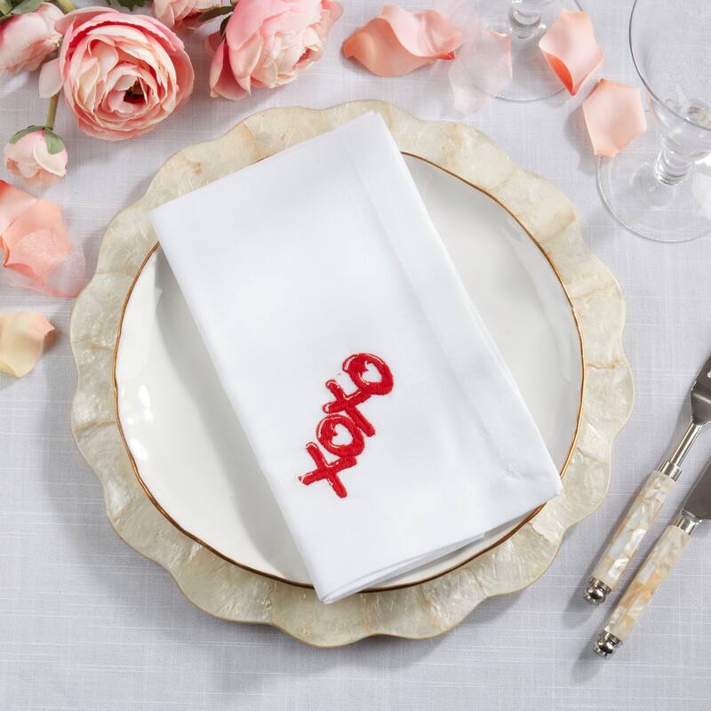 Embroidered XOXO Cotton-Look Napkins (Set of 4) - Handwritten Love Motif for Romantic Tables, 20"x20"