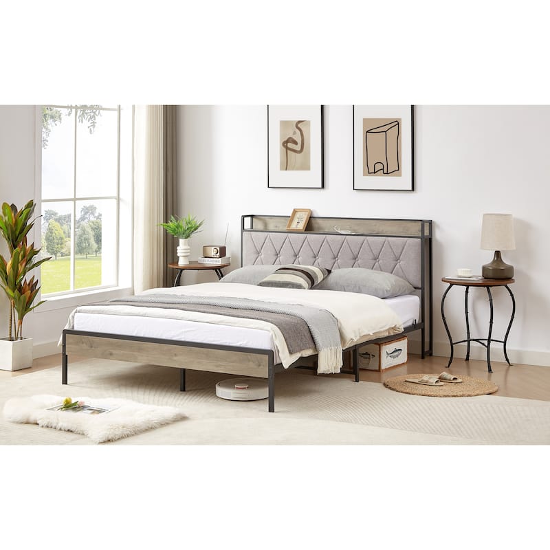 Grey & Queen Bed with Charging Station