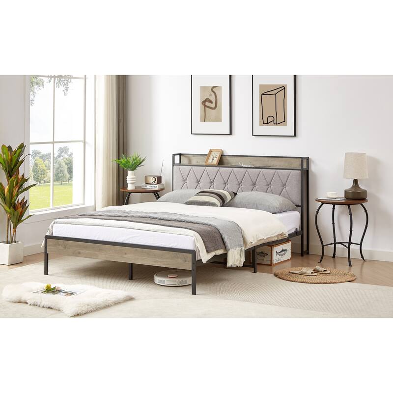 Platform Bed with 2 USB Ports, Power Outlets, and Storage Headboard - 1000 LB Capacity.
